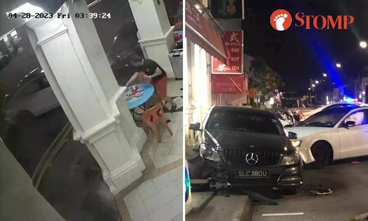 People sitting outside Geylang coffee shop at 3.40am nearly hit by car crashing into parked Mercedes