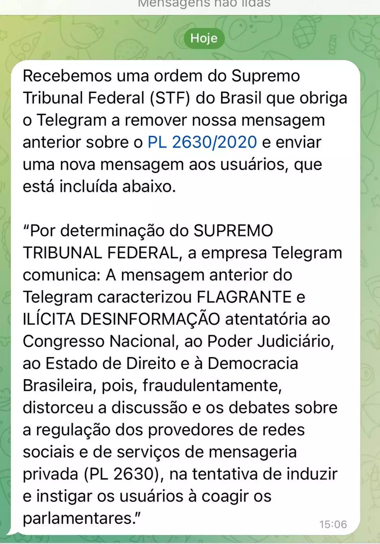 Telegram envia mensagem determinada pelo STF e apaga anterior que atacava PL das Fake News