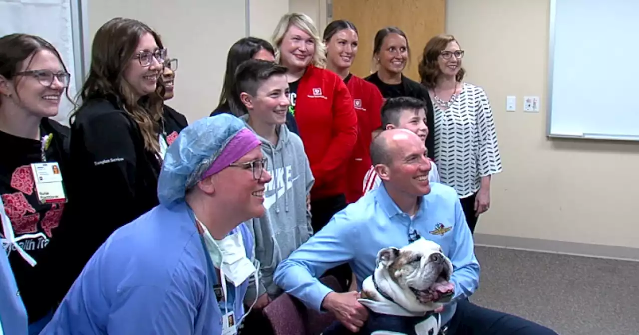 Retired Butler Bulldog visits IU Health transplant nurses for Nurses Week