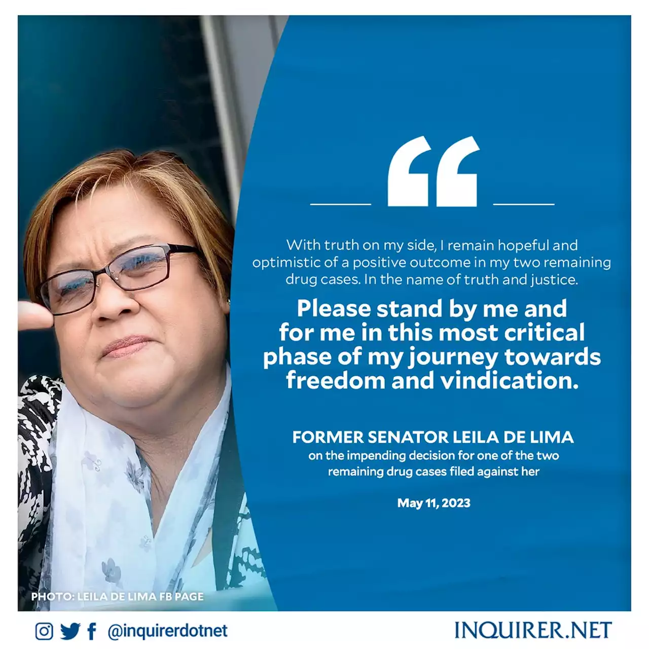 ‘Stand by me and for me,’ Leila de Lima says as court decision looms