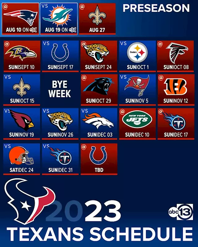 Texans schedule 2023: NFL releases Houston's matchup slate without  primetime games; MNF opener revealed - ABC13 Houston