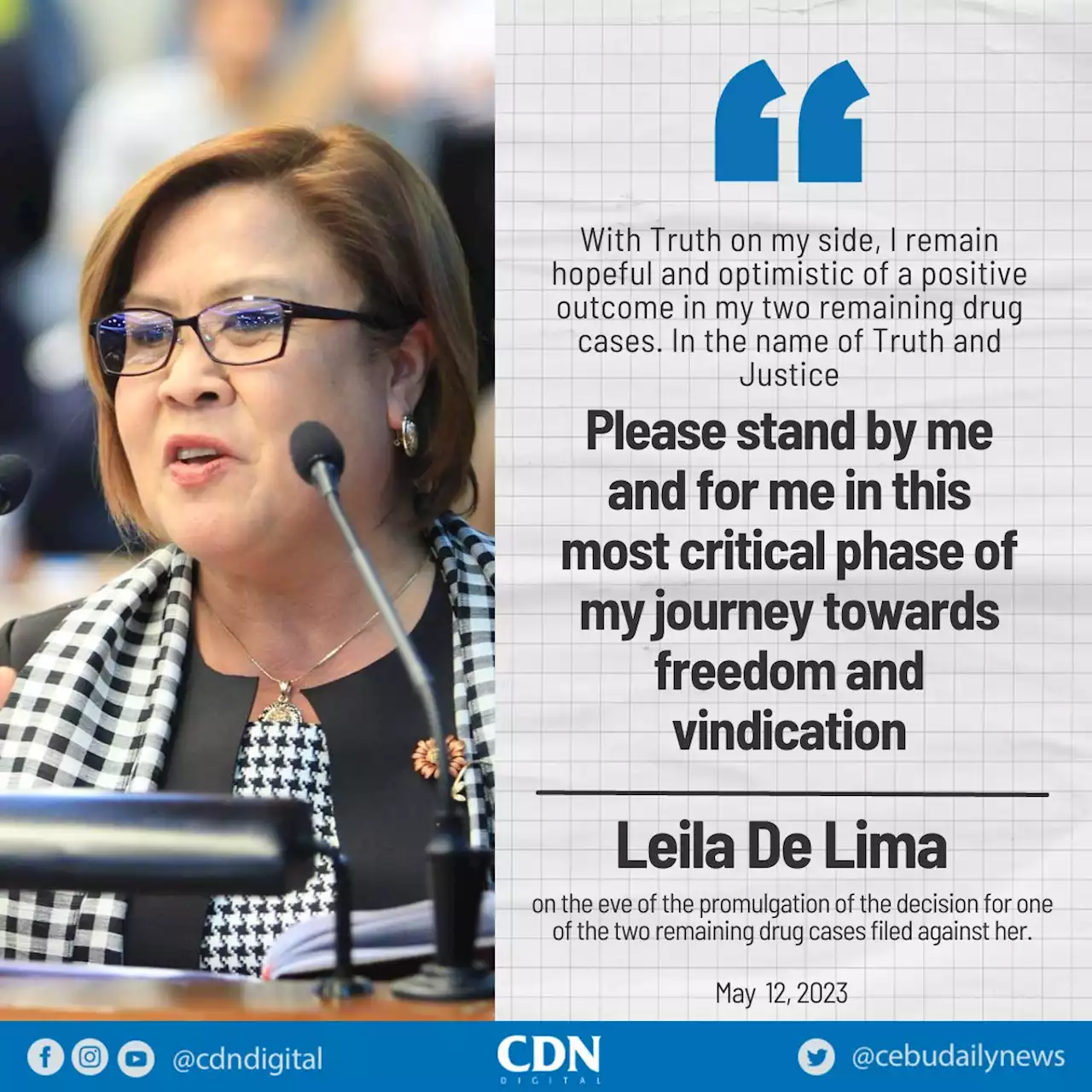 ‘Stand by me and for me,’ Leila de Lima says as court decision looms