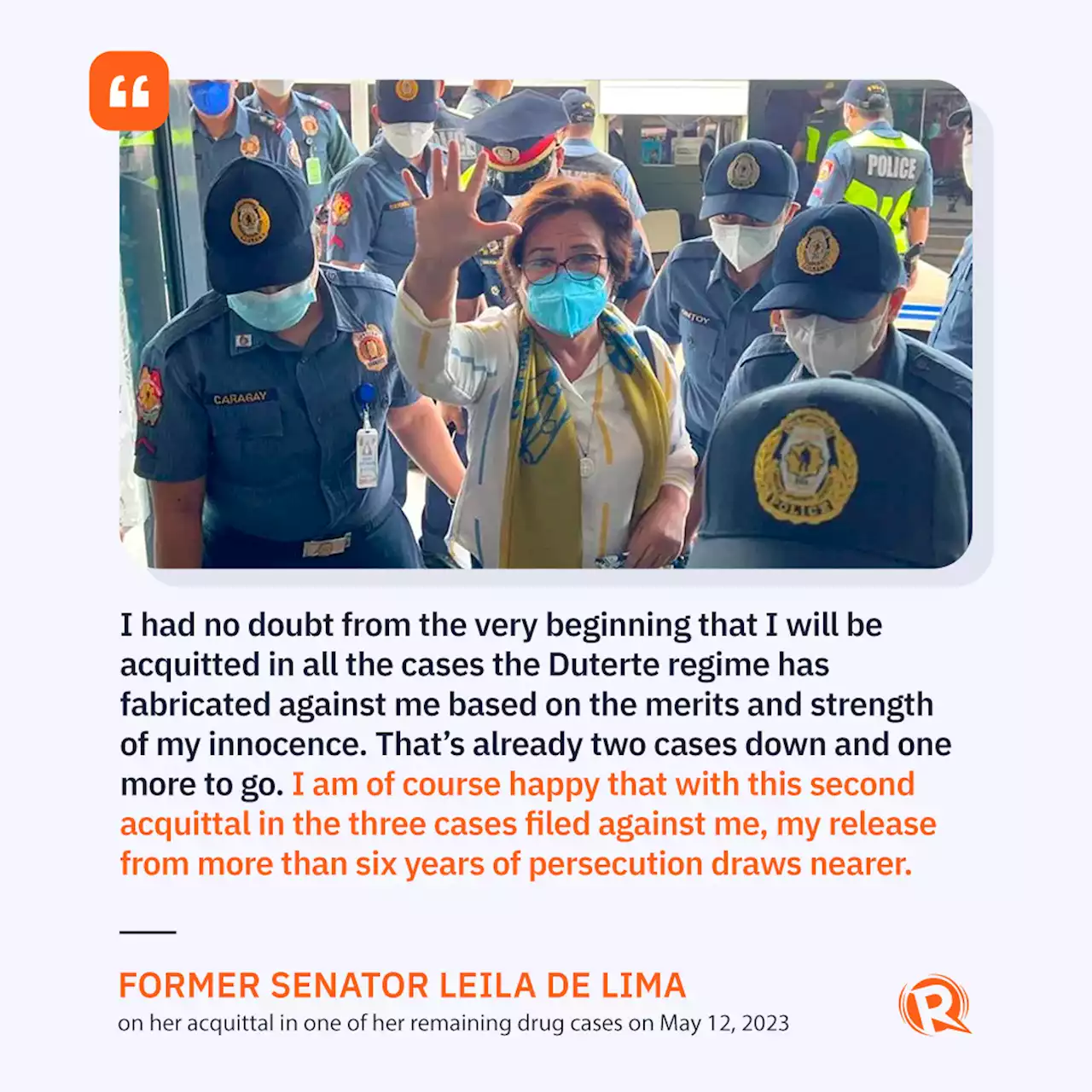 Court acquits Leila de Lima in 1 of 2 remaining drug cases