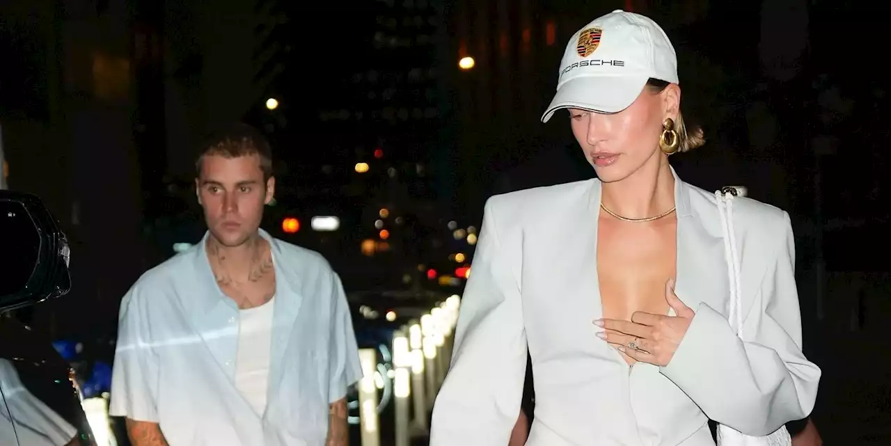 Hailey Bieber Wears a Plunging Blazer as a Minidress for Date Night with Justin