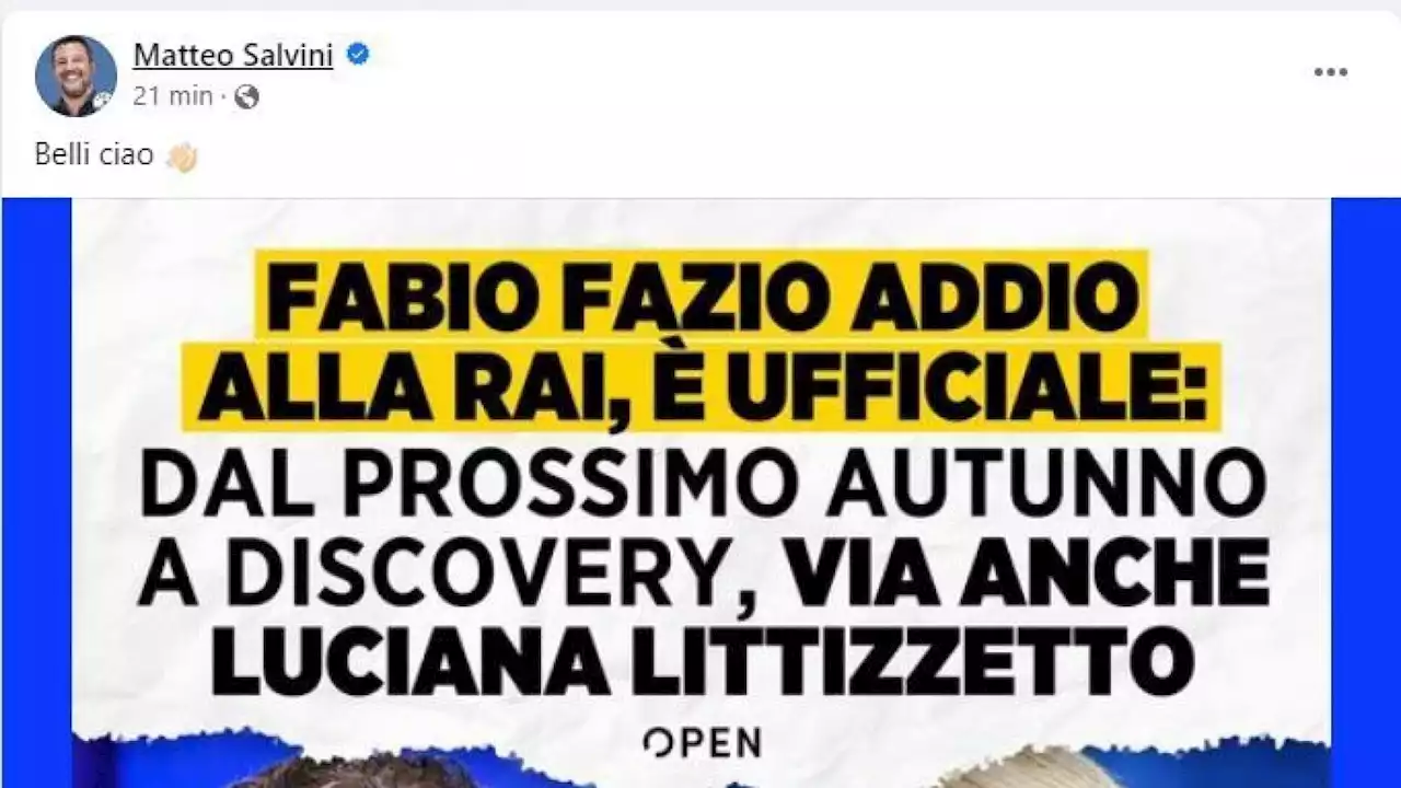 'Belli ciao'. Il post di Salvini contro Fazio e Littizzetto. Anche Gasparri fa l'ironico