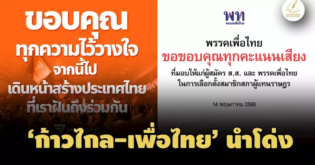 เริ่มต้นนับคะแนน! 'ก้าวไกล-เพื่อไทย' นำโด่ง พร้อมใจโพสต์ขอบคุณ ปชช.