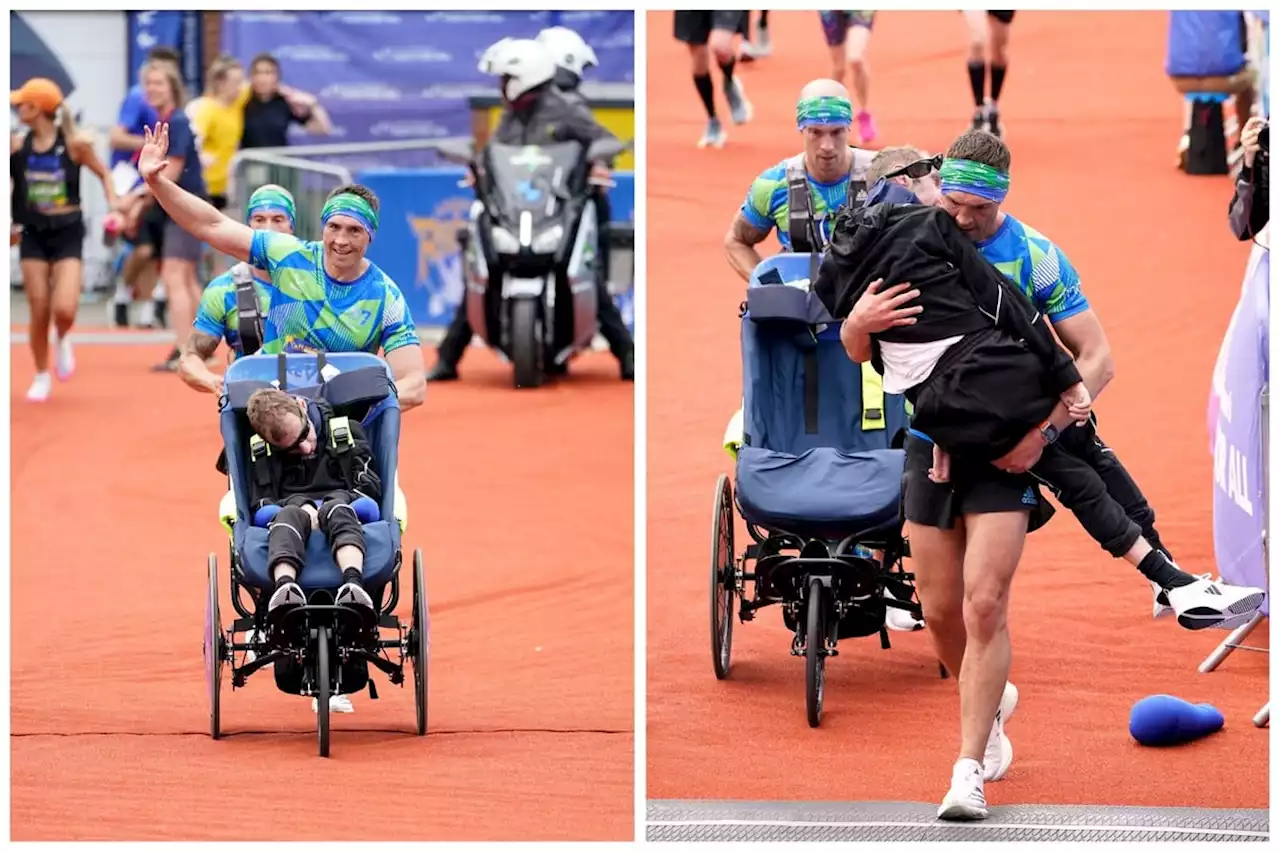 Emotional moment as Kevin Sinfield carries Rob Burrow over marathon finish line at Headingley Stadium