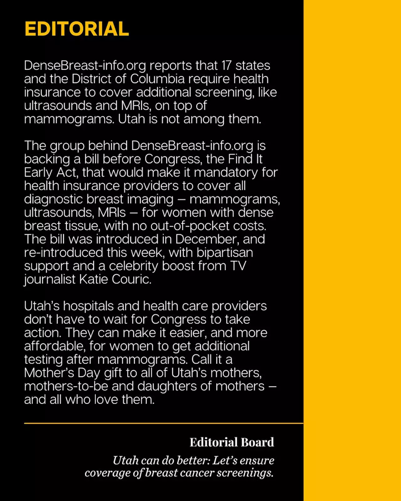 Utah can do better: Let’s ensure coverage of breast cancer screenings, Editorial Board writes.