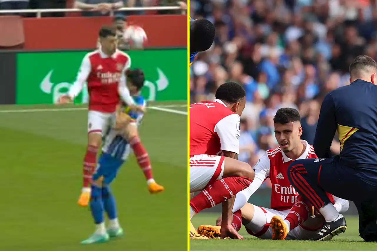 Fans outraged after Martinelli clatters into Mitoma, but Arsenal star later hobbles off