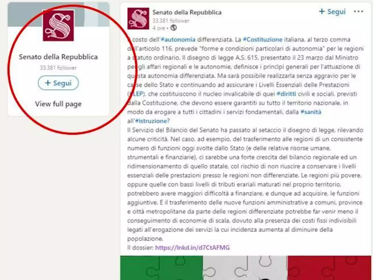 Autonomia: il Senato su LinkedIn, rischio disuguaglianze in aumento