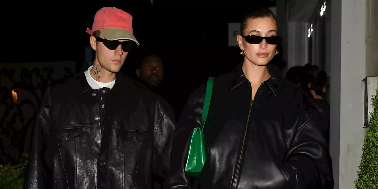 Hailey and Justin Bieber Coordinated in Matching Leather-and-Denim Uniforms