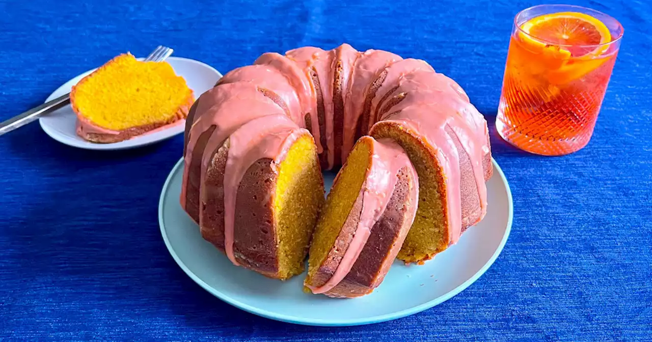 Enjoy a slice of this Aperol Spritz-inspired Bundt cake