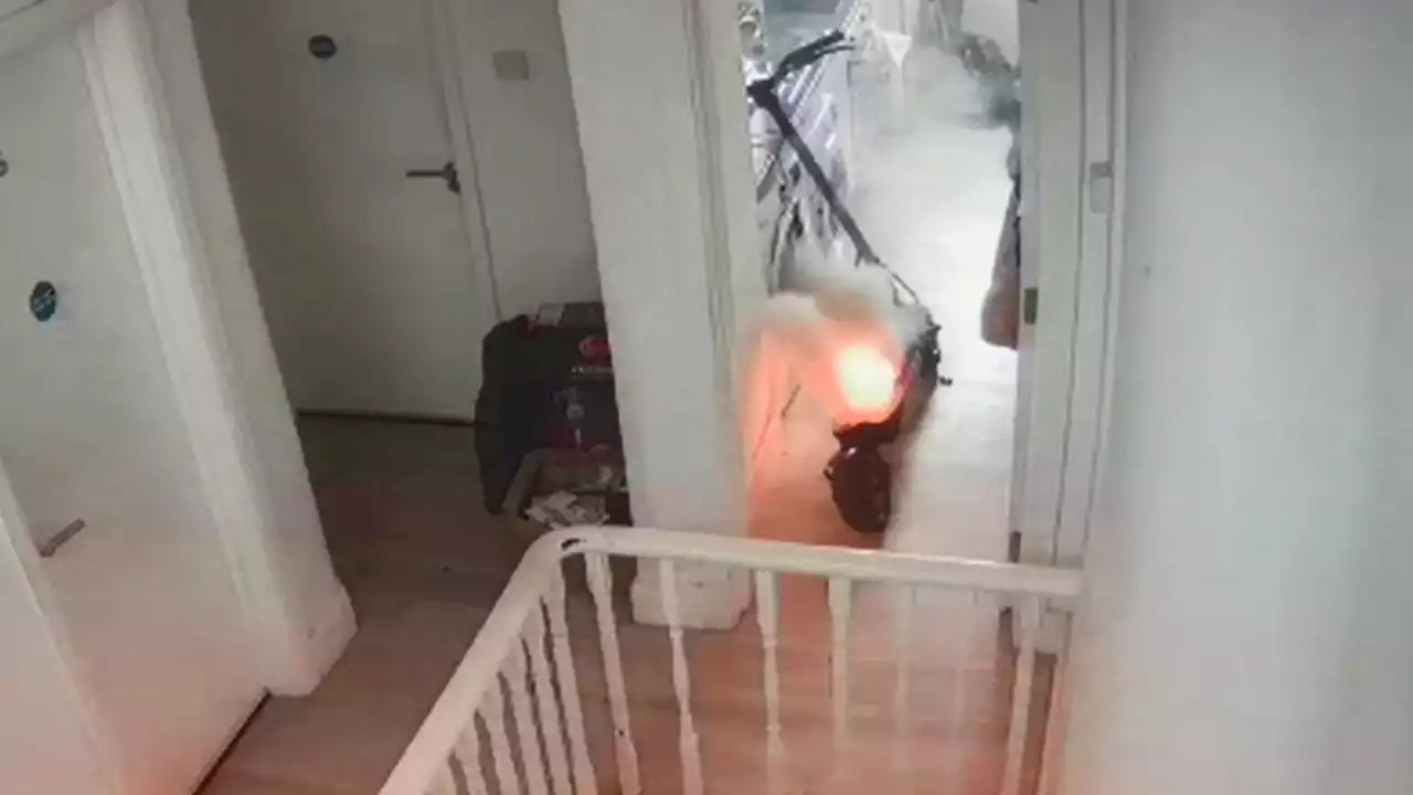 Dramatic footage shows e-scooter battery catch fire in kitchen - as owner says he 'cheated death'