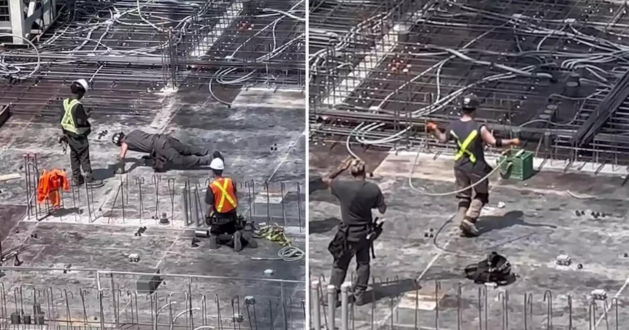 Construction workers at Yonge and Eglinton jump rope during fun lunch break