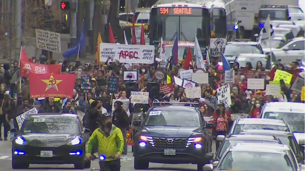 Group marches for May Day in Seattle to stand up for workers' rights