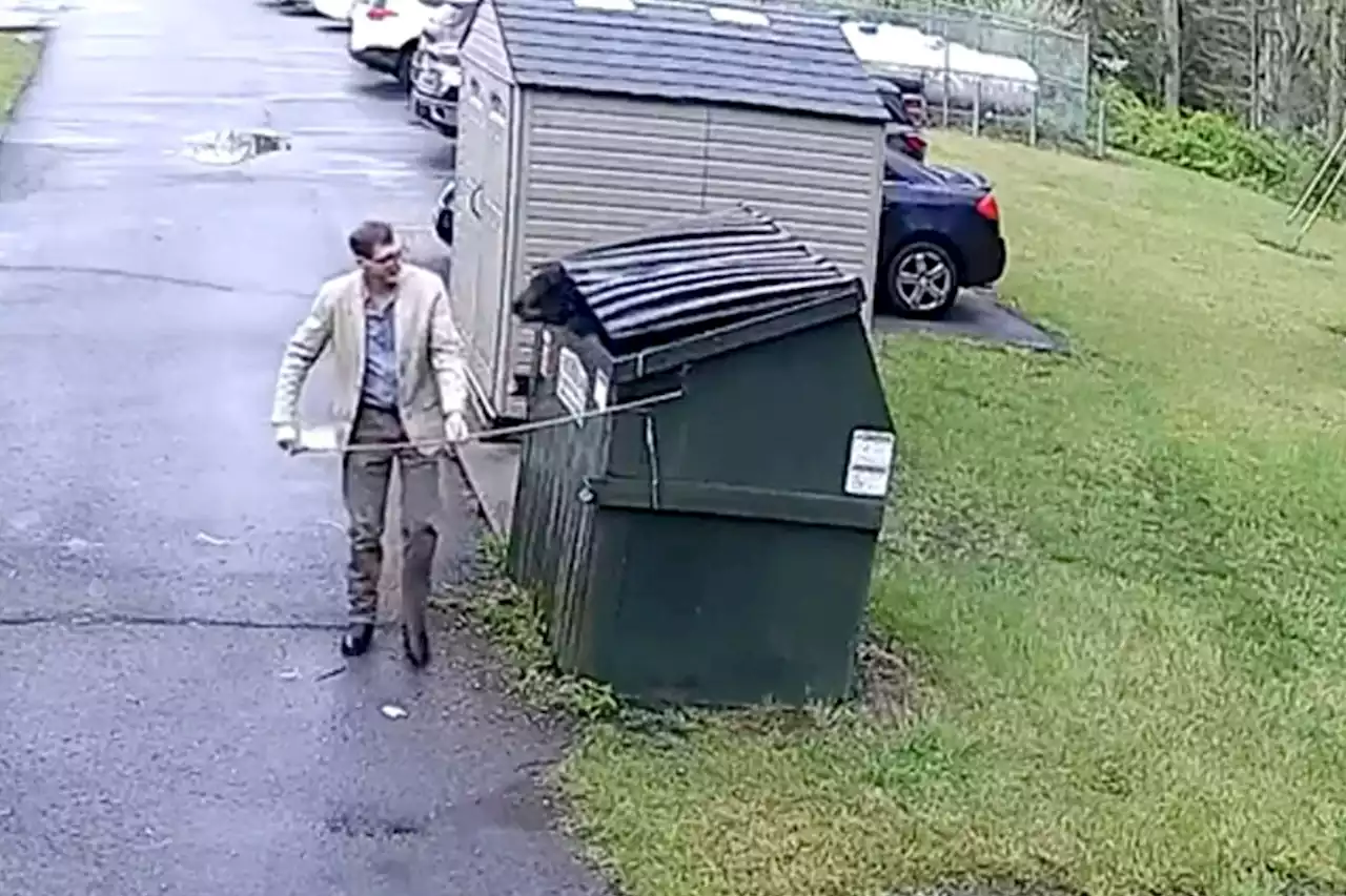 Principal startled after going face-to-face with a dumpster-diving bear