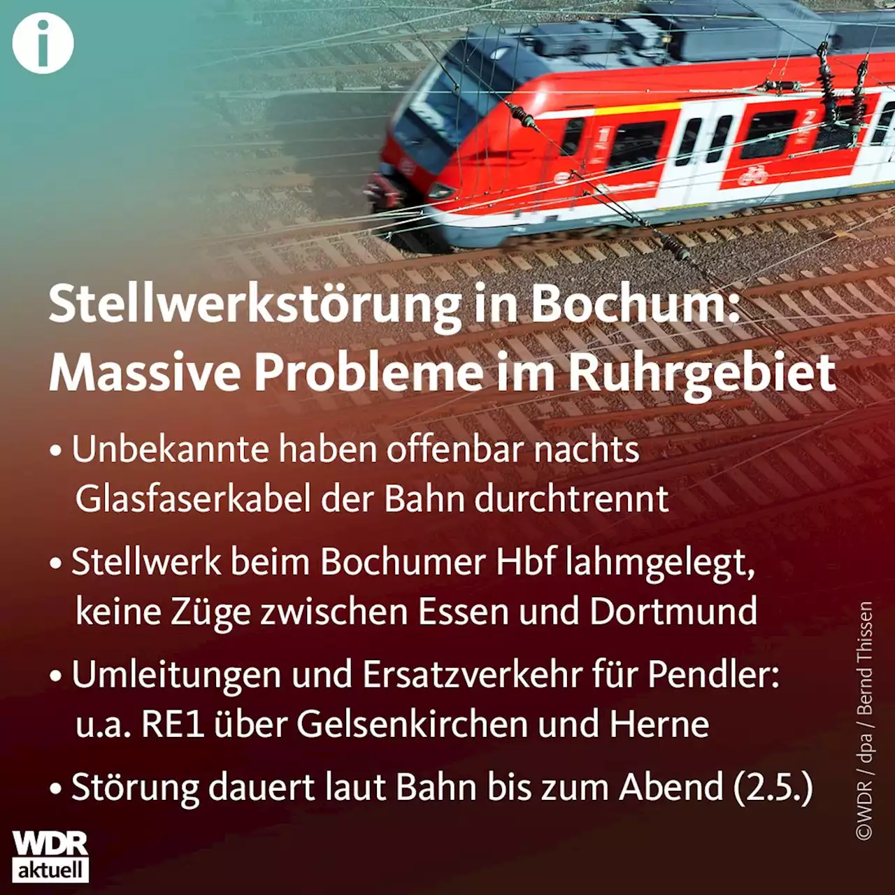 Unbekannte zerschneiden Kabel: Bahnverkehr im Ruhrgebiet gestört