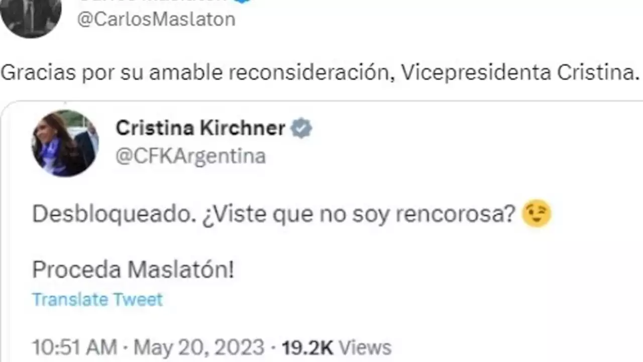 CFK al abogado liberal: '¿Viste que no soy rencorosa? ¡Proceda Maslatón!' | Divertido cruce en Twitter