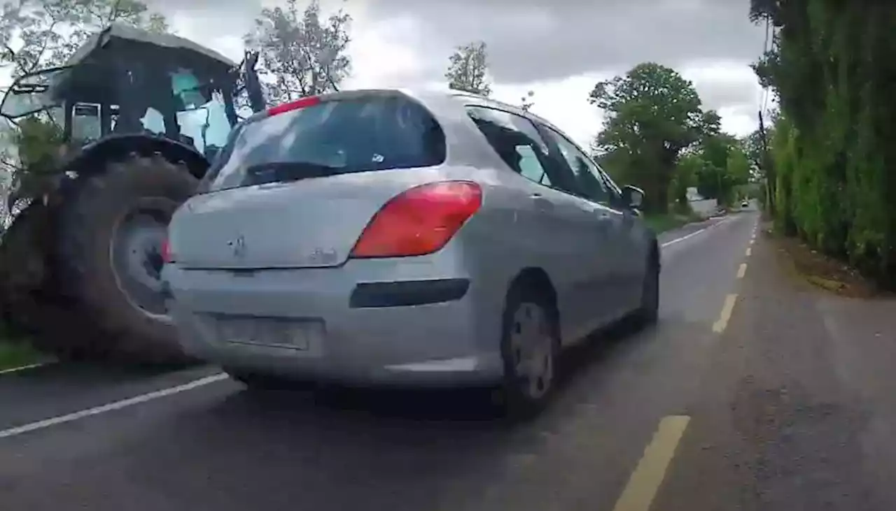 Near Miss of the Day 865: Cyclist forced off road as motorist overtakes tractor and almost causes head-on collision