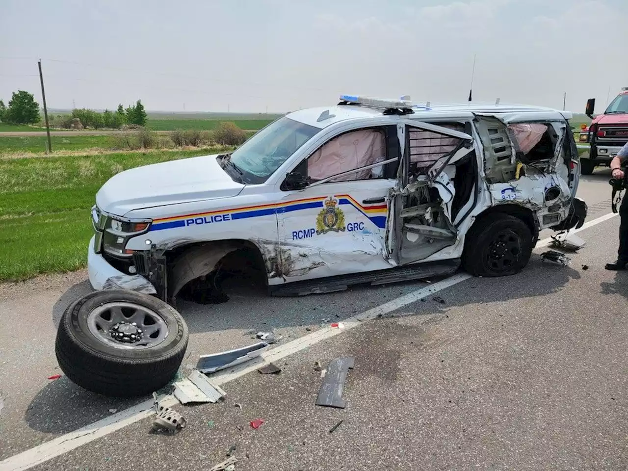 Semi slams into RCMP cruiser during Highway 2 traffic stop