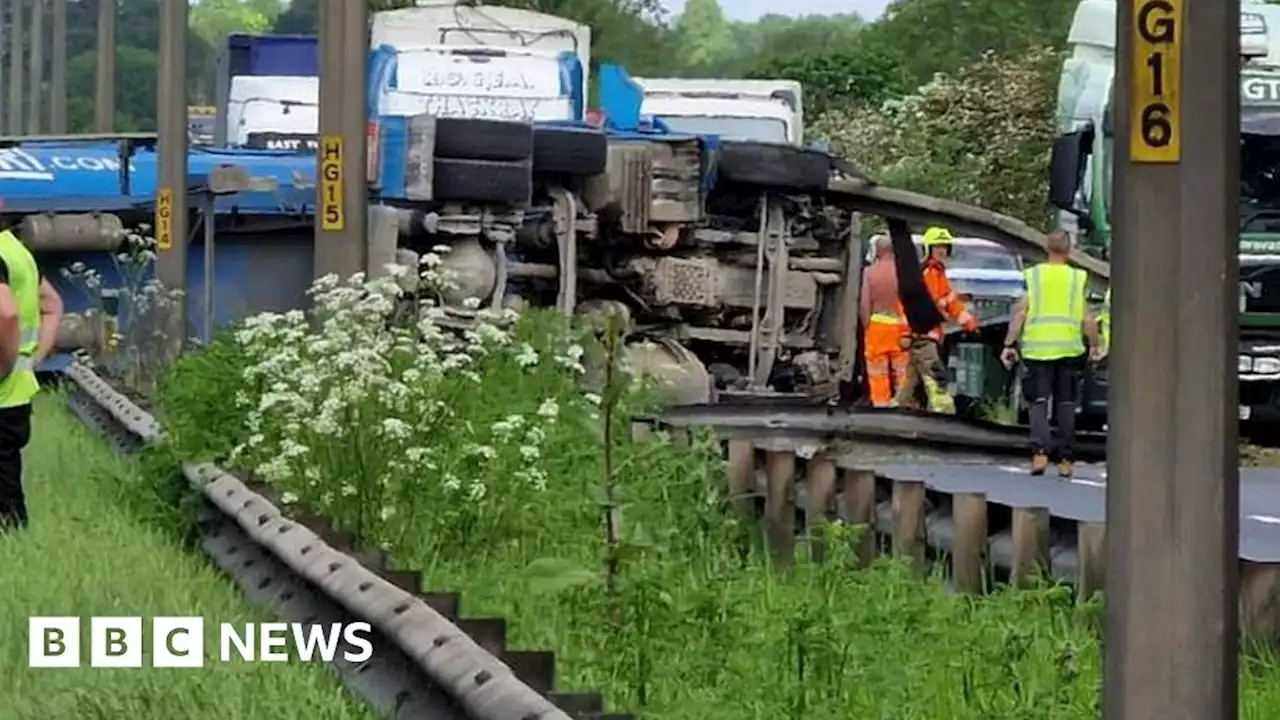 Driver injured on A63 as lorry collides with two cars and overturns