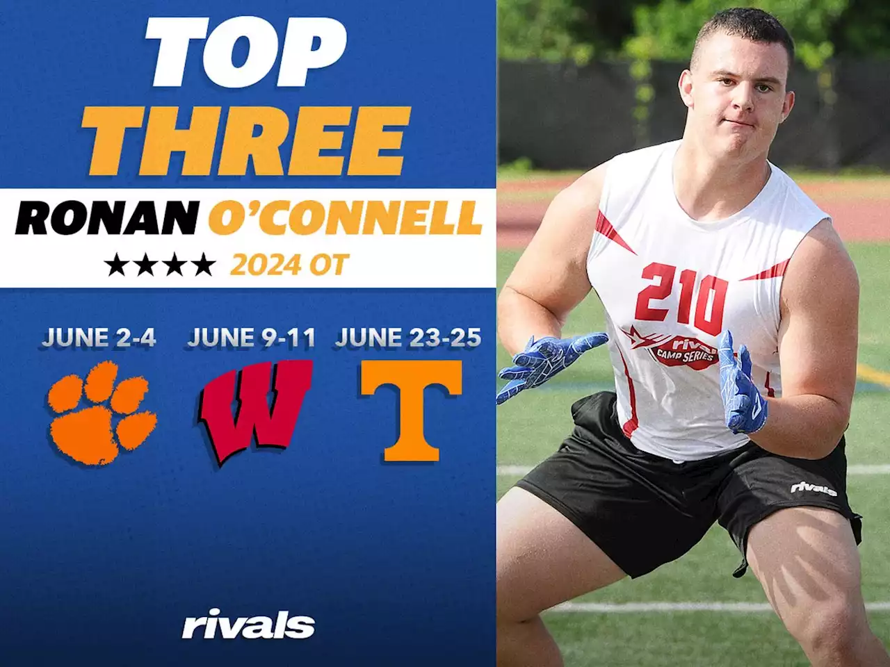 Four-star OL Ronan O'Connell focused on three schools - Clemson, Wisconsin, and Tennessee