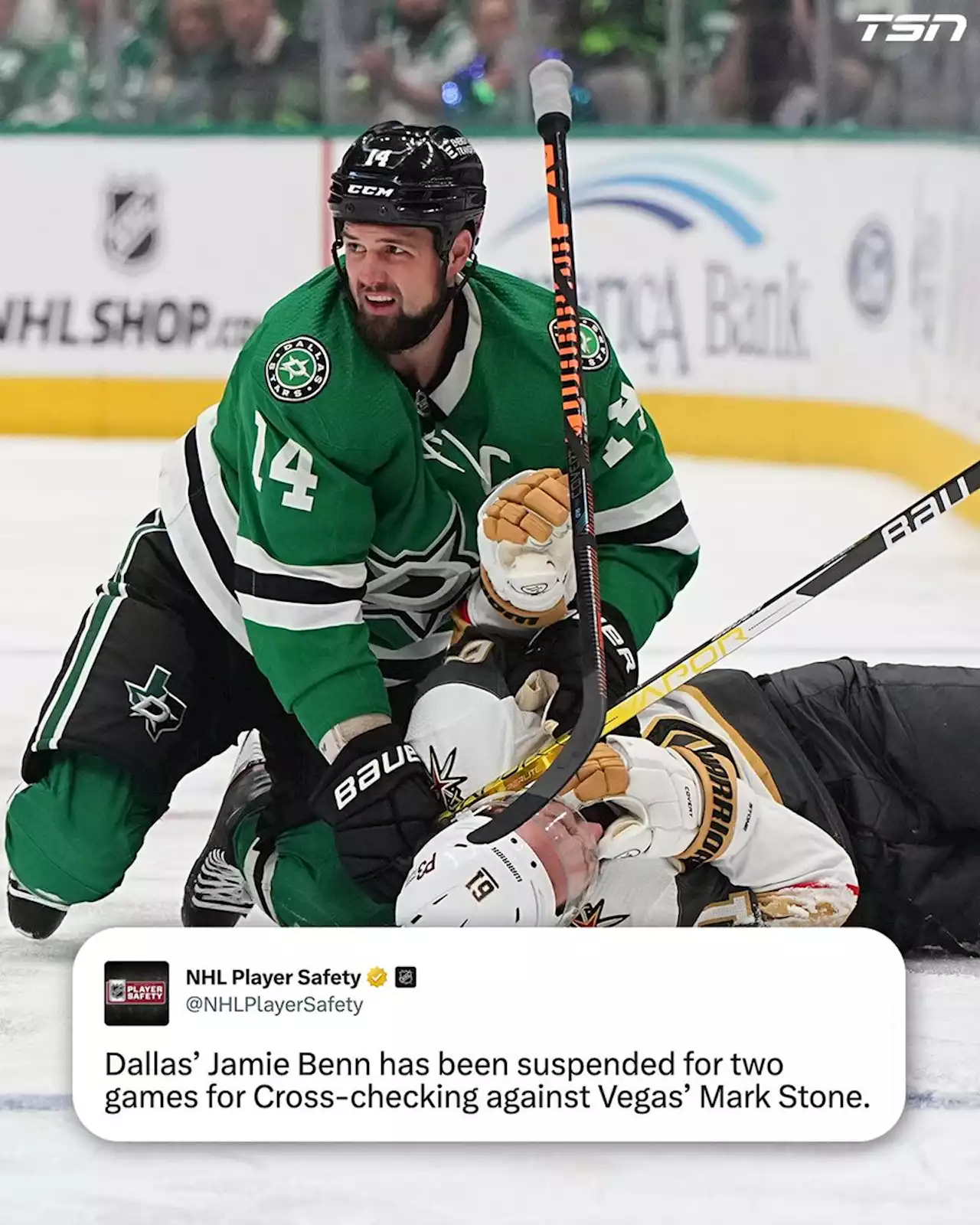 Dallas Stars' Jamie Benn suspended two games for cross-checking Vegas Golden Knights' Mark Stone | TSN