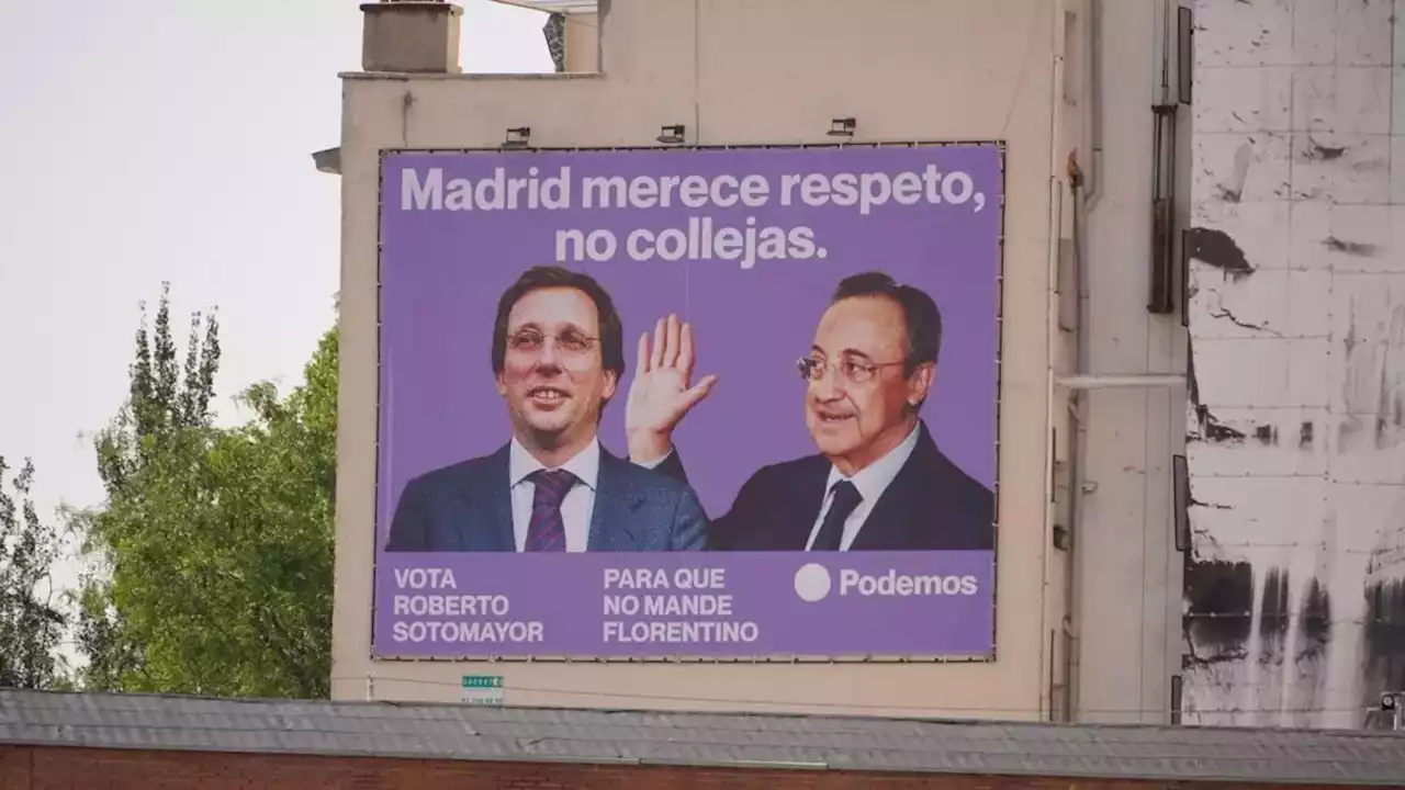 Podemos coloca en Madrid una lona con la imagen de Florentino Pérez pegando una colleja a Almeida y éste se enfada