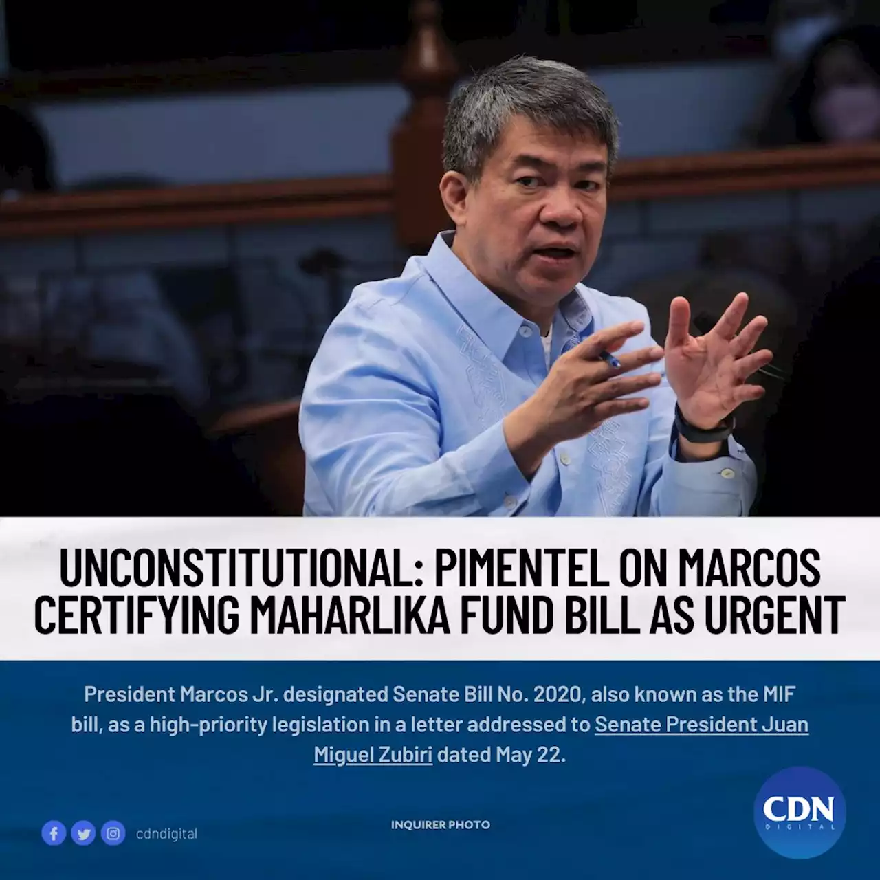 Marcos certification as urgent of Maharlika fund bill ‘unconstitutional’, says Pimentel