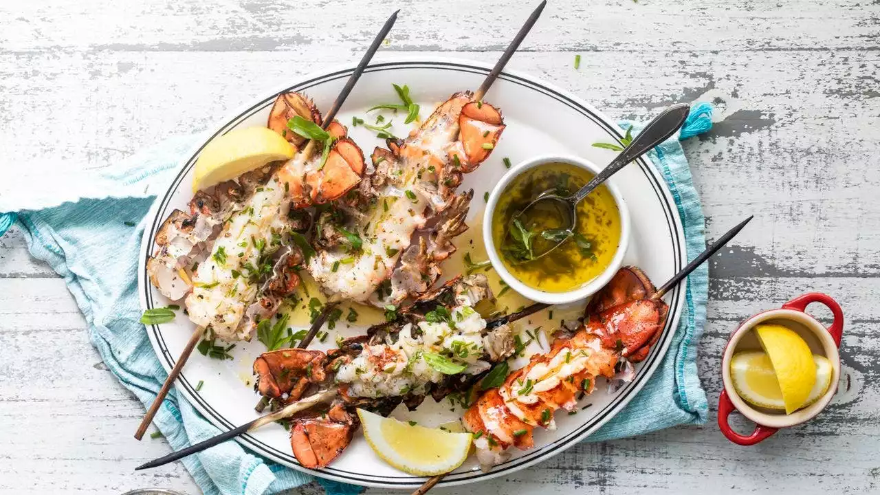 Grilled lobster tail kebab recipe with lemon herb butter