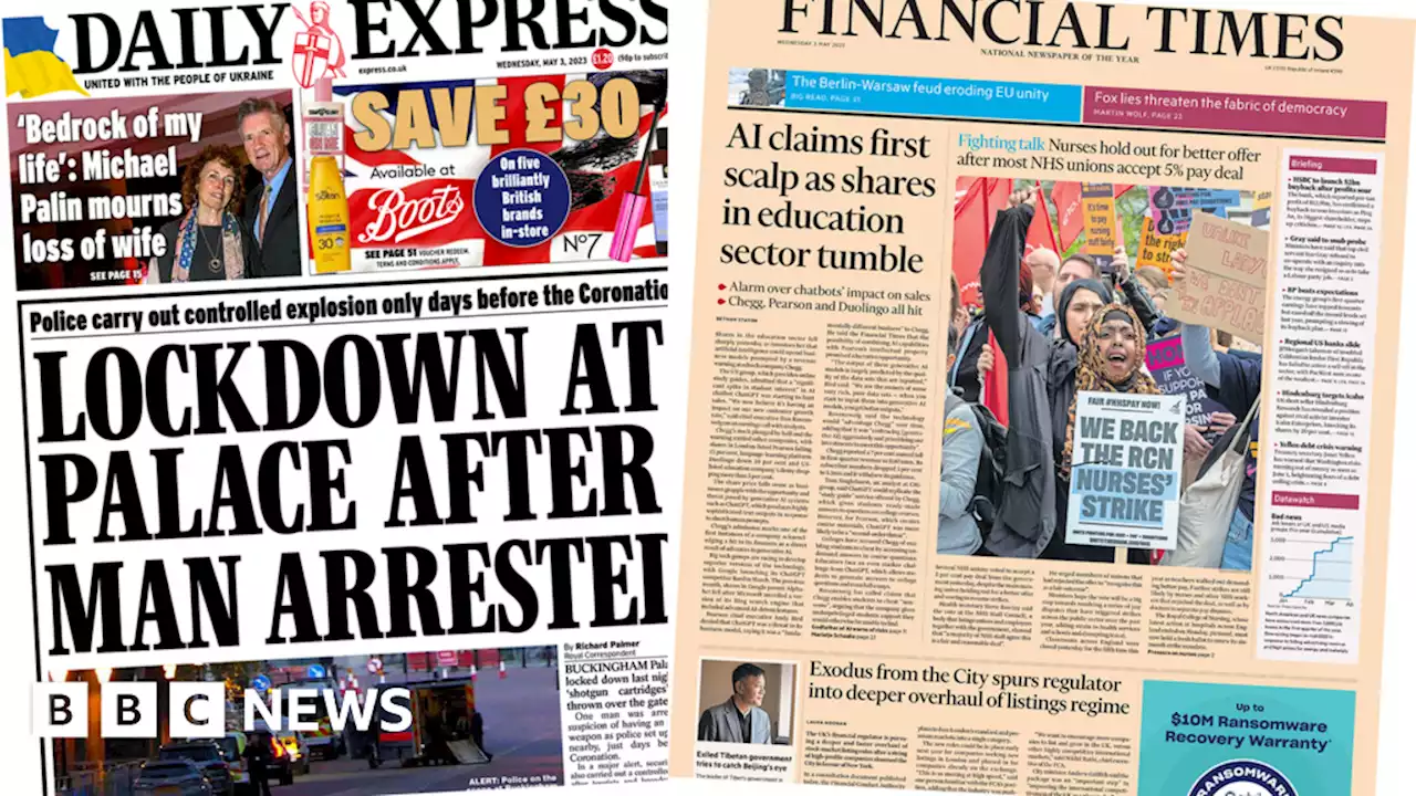 Newspaper headlines: 'Lockdown at Palace' and 'AI claims first scalp'