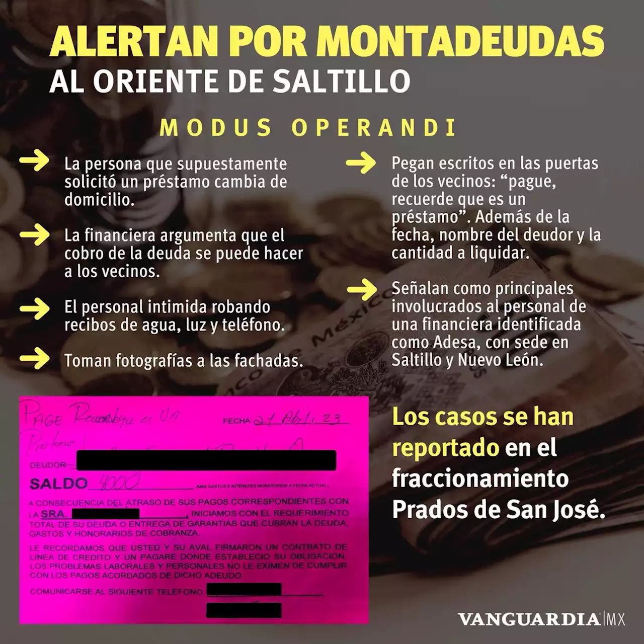 Intimidan montadeudas a vecinos del oriente de Saltillo