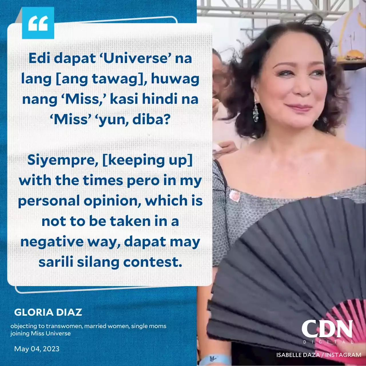 Gloria Diaz objects to transwomen, married women, single moms in Miss Universe