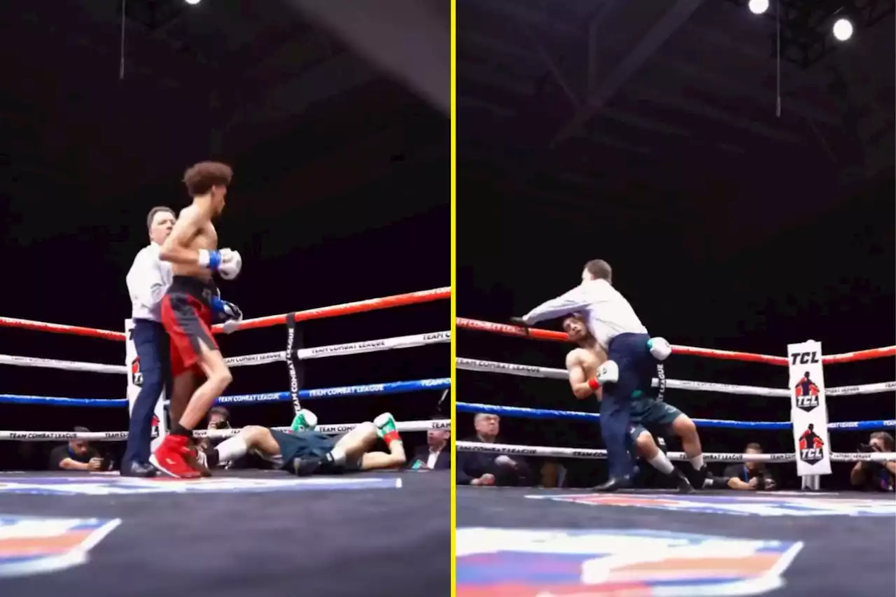 Referee struggles to hold boxer up after vicious KO in unique team boxing format