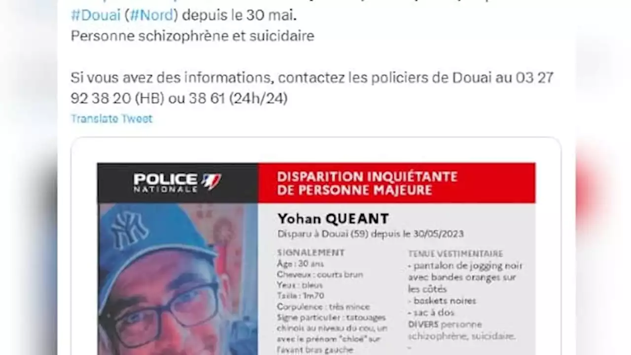 Douai: un avis de recherche lancé pour retrouver un homme atteint de schizophrénie