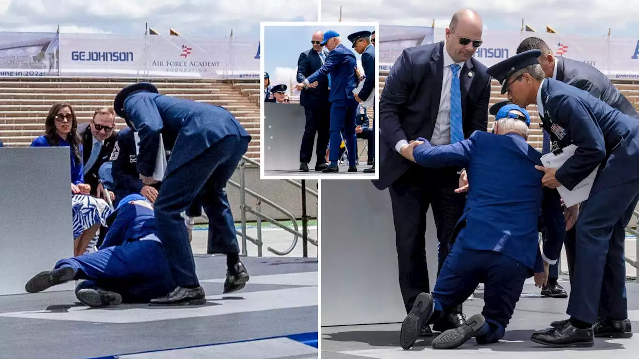 US President Joe Biden trips and falls during Air Force graduation ceremony