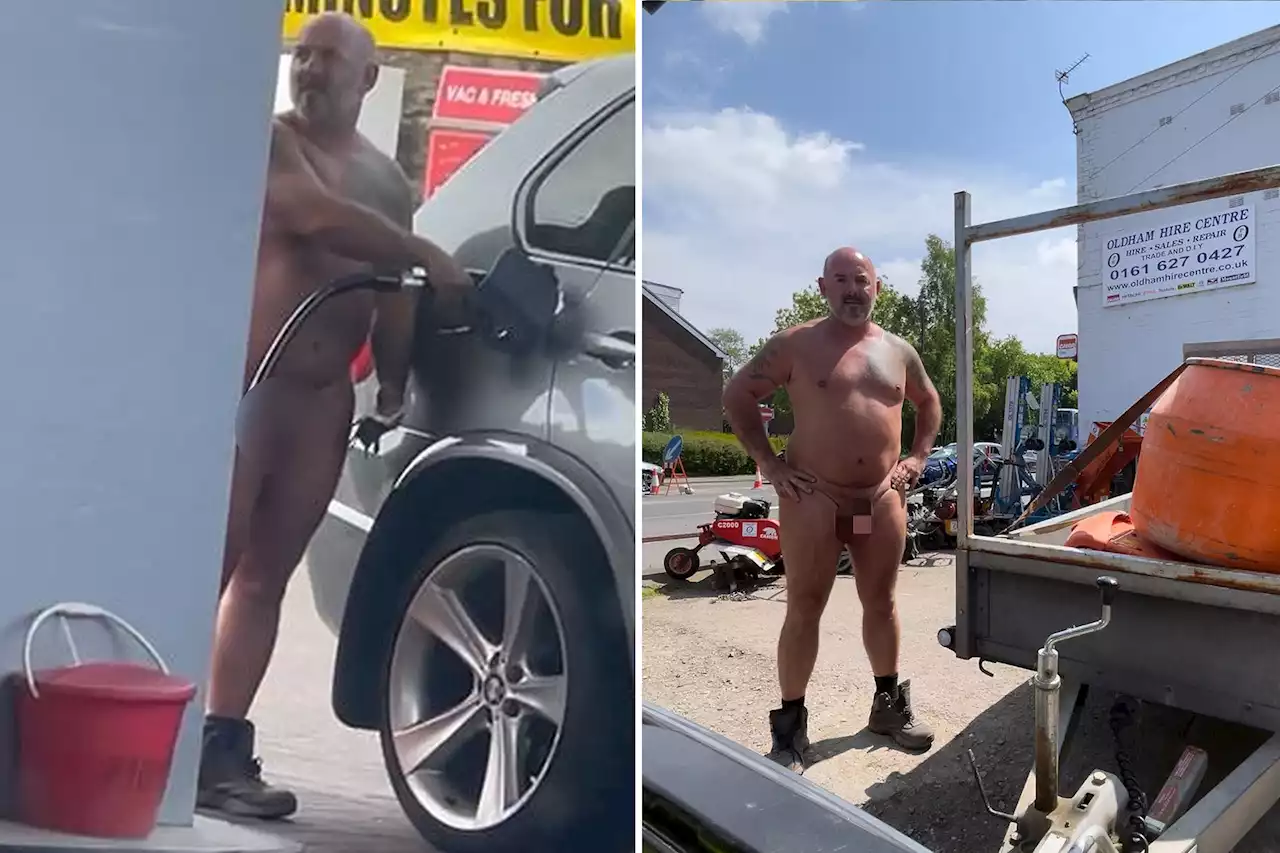 Nude man with ‘naked’ license plate pumping gas stuns onlookers