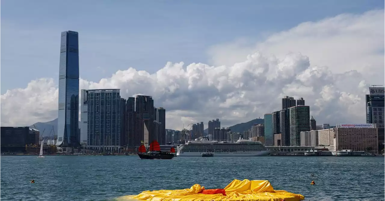 One of two giant rubber ducks in Hong Kong harbour deflates