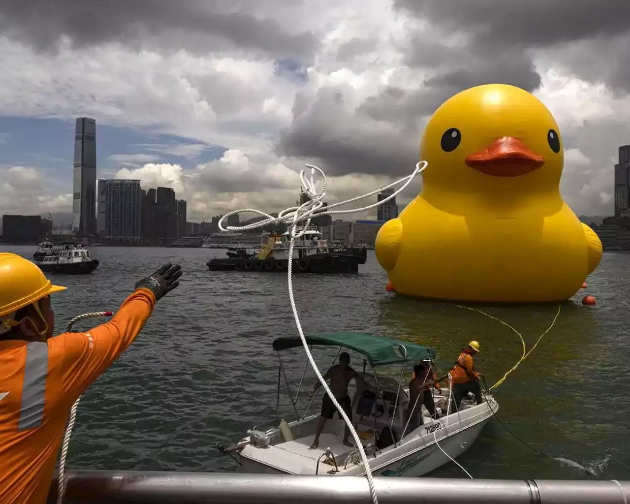 One of 2 giant ducks in Hong Kong’s Victoria Harbor deflates