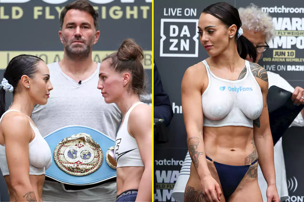 Ebanie Bridges laughs at Eddie Hearn in awkward weigh-in with fighter in body paint bra