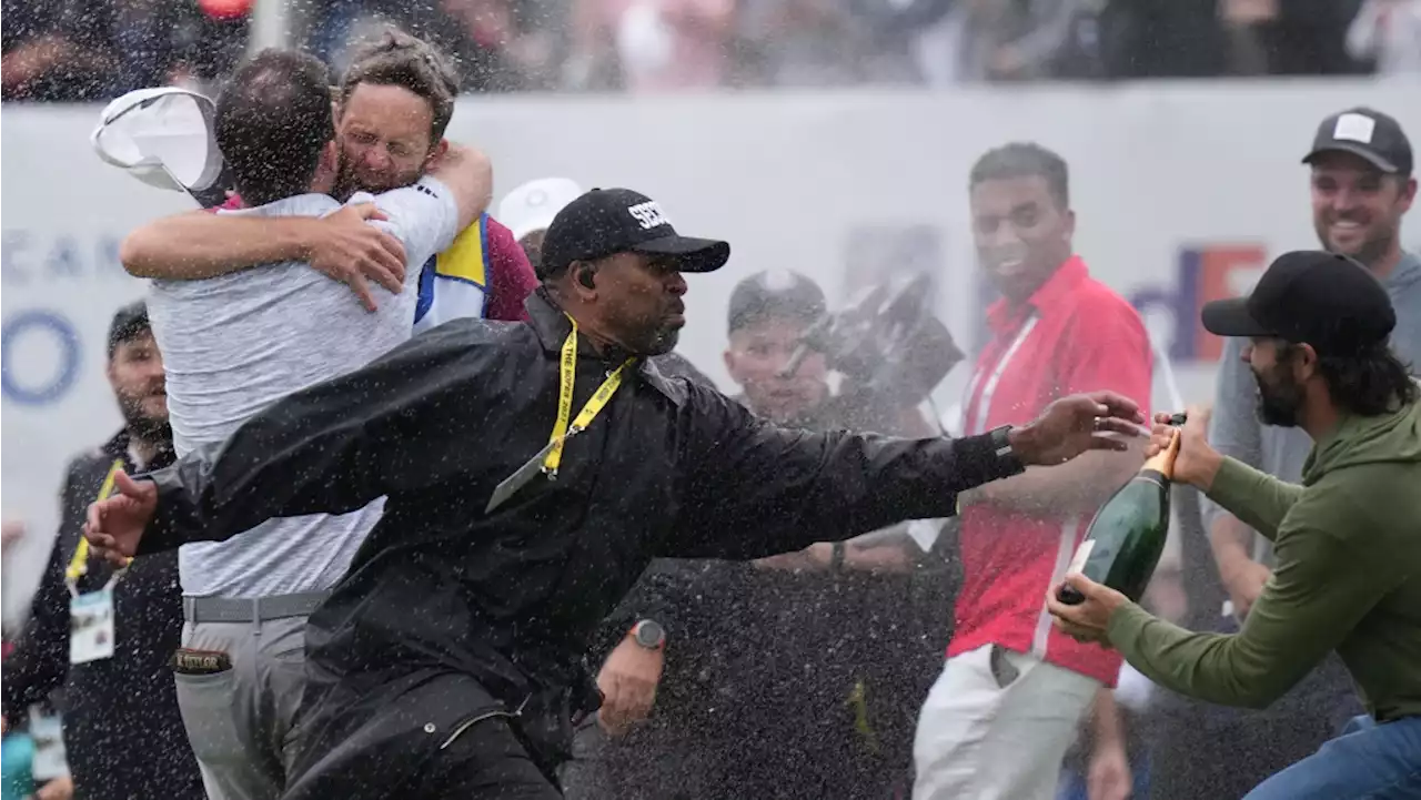 Security guard mistakenly tackles golf pro to the ground as Nick Taylor celebrates Canadian Open win