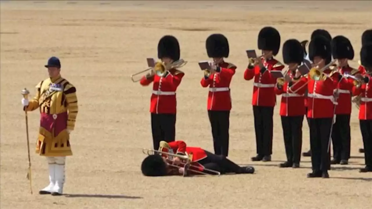 Britse soldaat valt flauw, maar probeert toch opnieuw trombone te spelen voor prins William