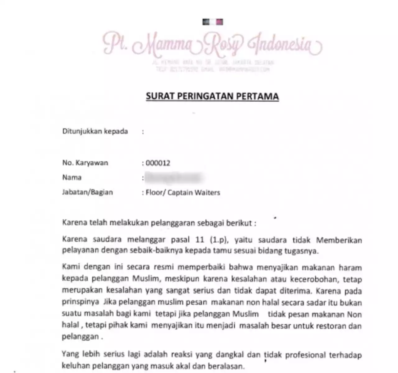 Isi Lengkap SP 1 Mamma Rosy ke Pegawai yang Sajikan Daging Babi ke Pelanggan Muslim |Republika Online