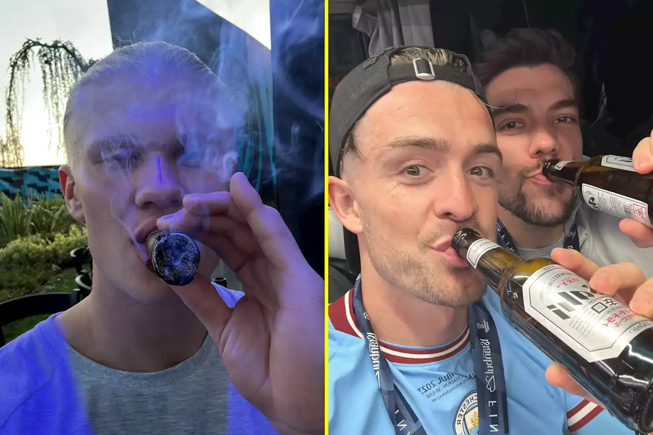 Jack Grealish leads treble celebrations with x-rated song as Erling Haaland puffs on cigar