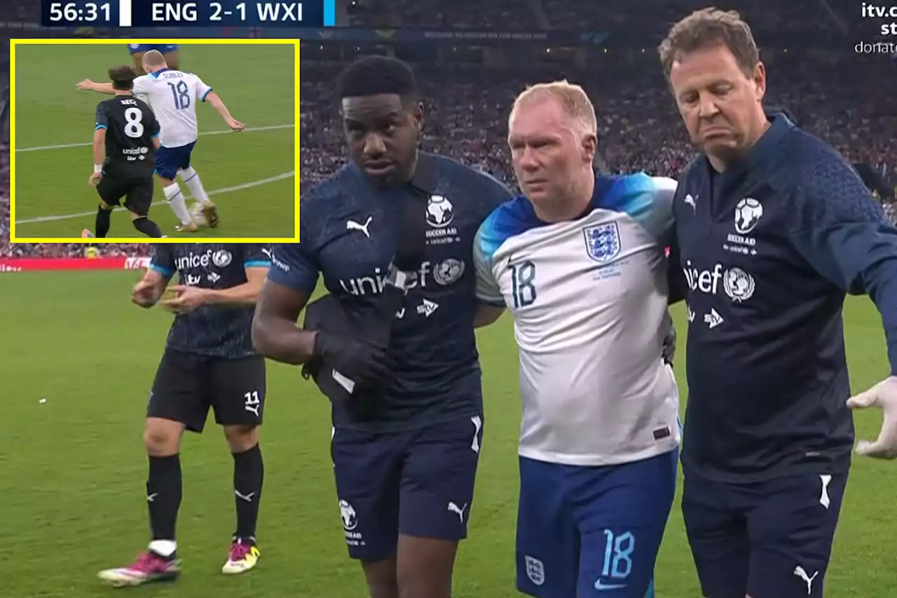 Paul Scholes rolls back years with goal before going off injured at Soccer Aid