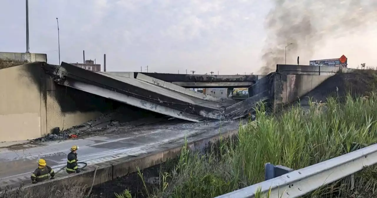 Officials say driver lost control of gas-filled tanker before fire collapsed main East Coast highway