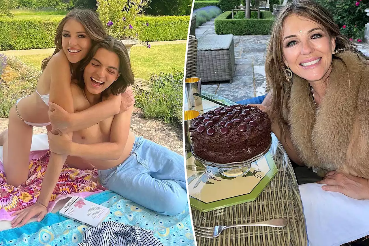 Bikini-clad Elizabeth Hurley cuddles up to look-alike son Damian while celebrating 58th birthday