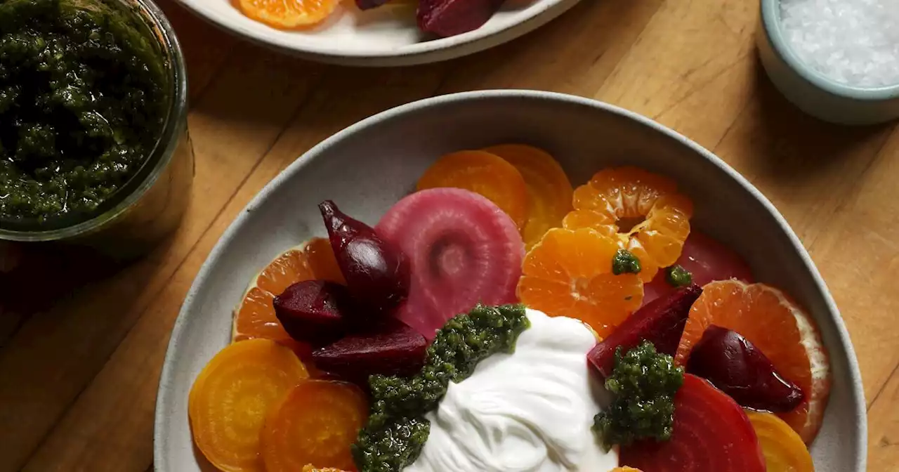 Roasted beet and citrus salad with labneh and zhoug