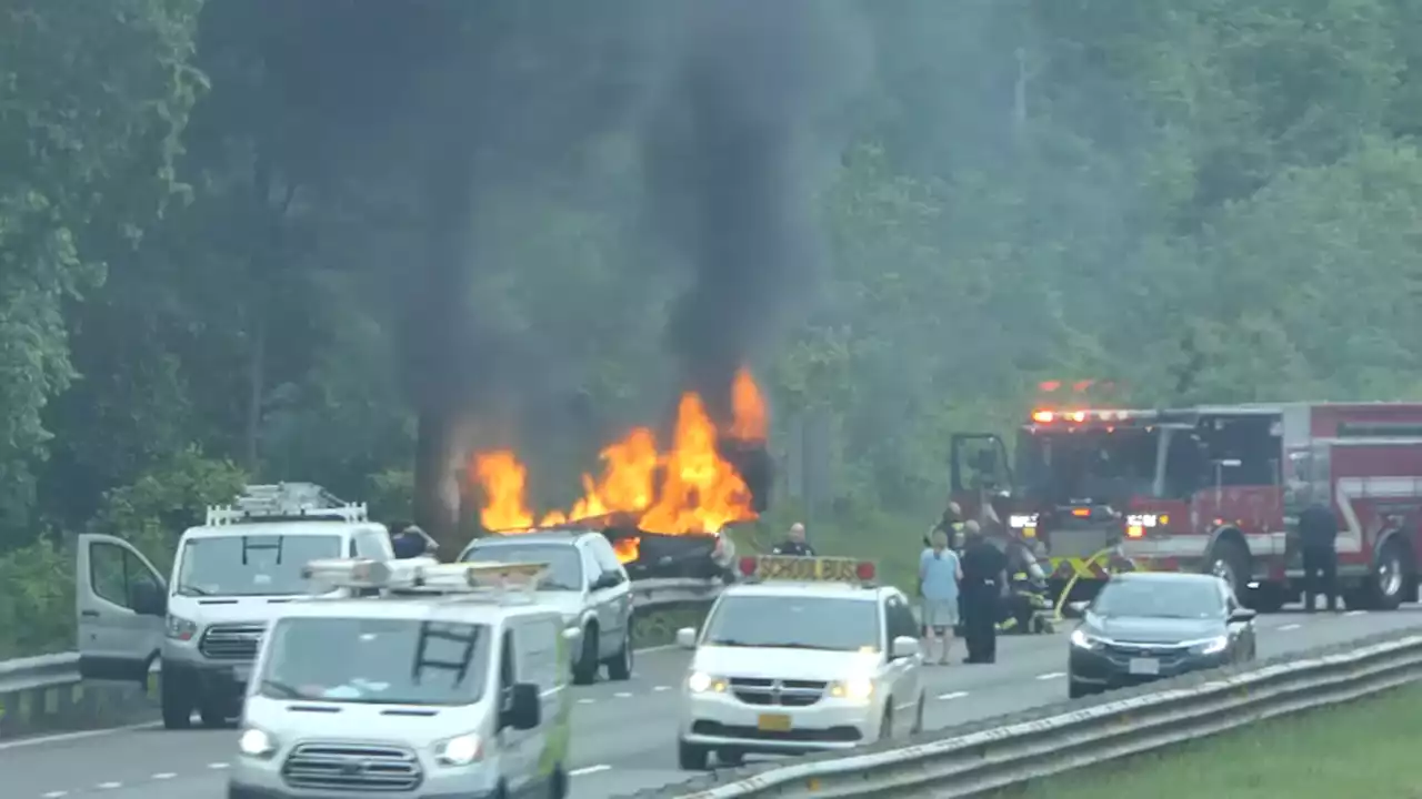 Flames erupt from crashed car on Route 128 in Beverly