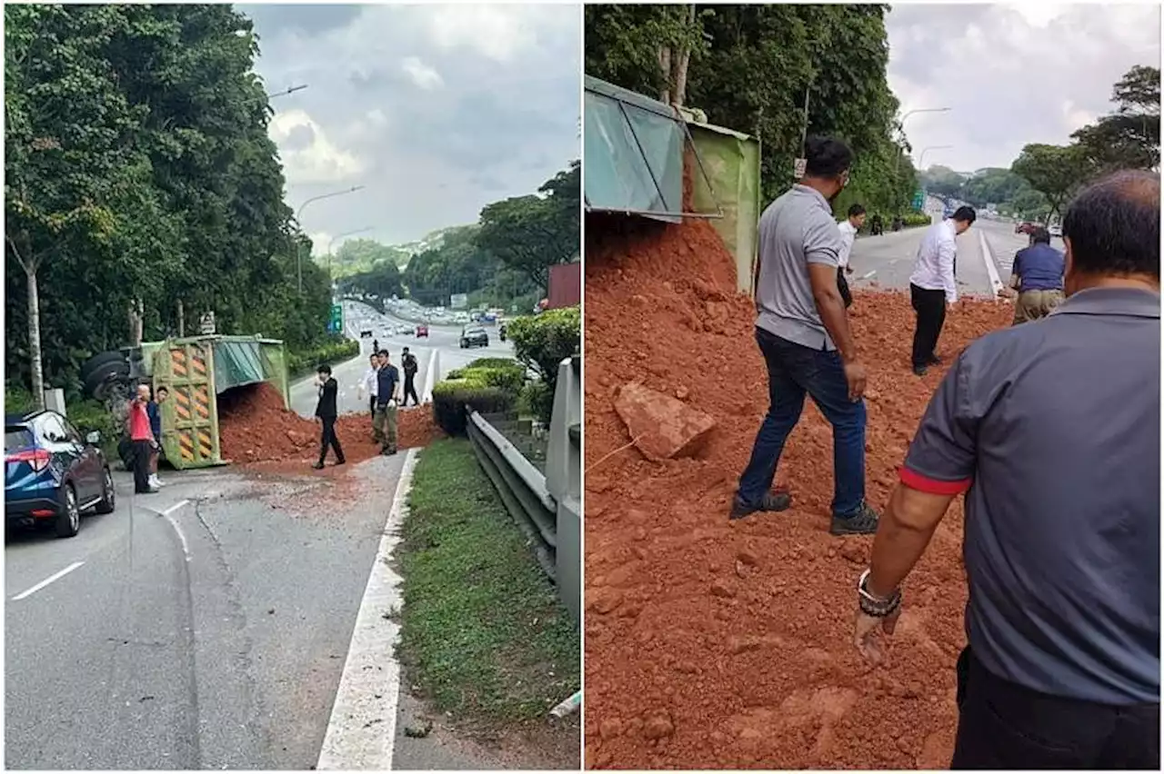 Exit on SLE closed after tipper truck topples; man taken to hospital